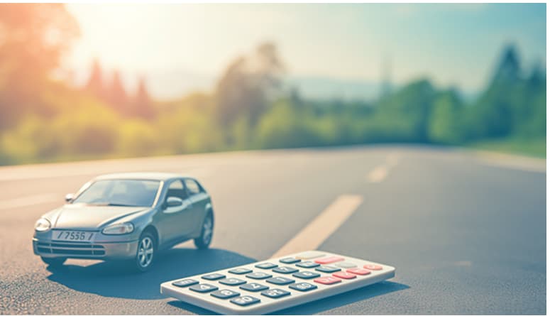 calculadora al lado de un coche en mitad de la carretera